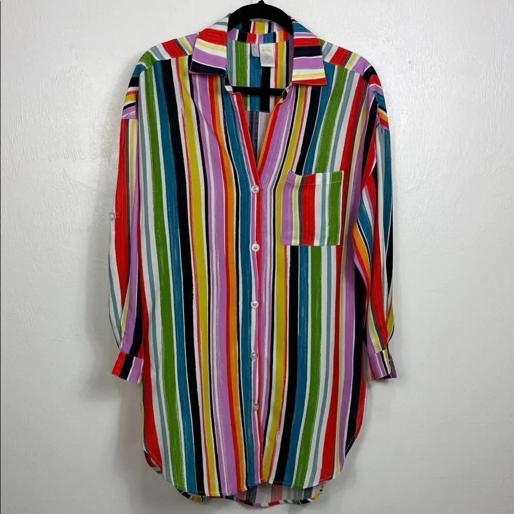 Anne Cole Colorful Striped Tunic Shirt Cover-Up Button Front Size XS
